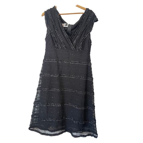 Tadashi too Vintage 90s Black Beaded and Ruffle Stripe Dress • Size 14Q - Picture 1 of 2